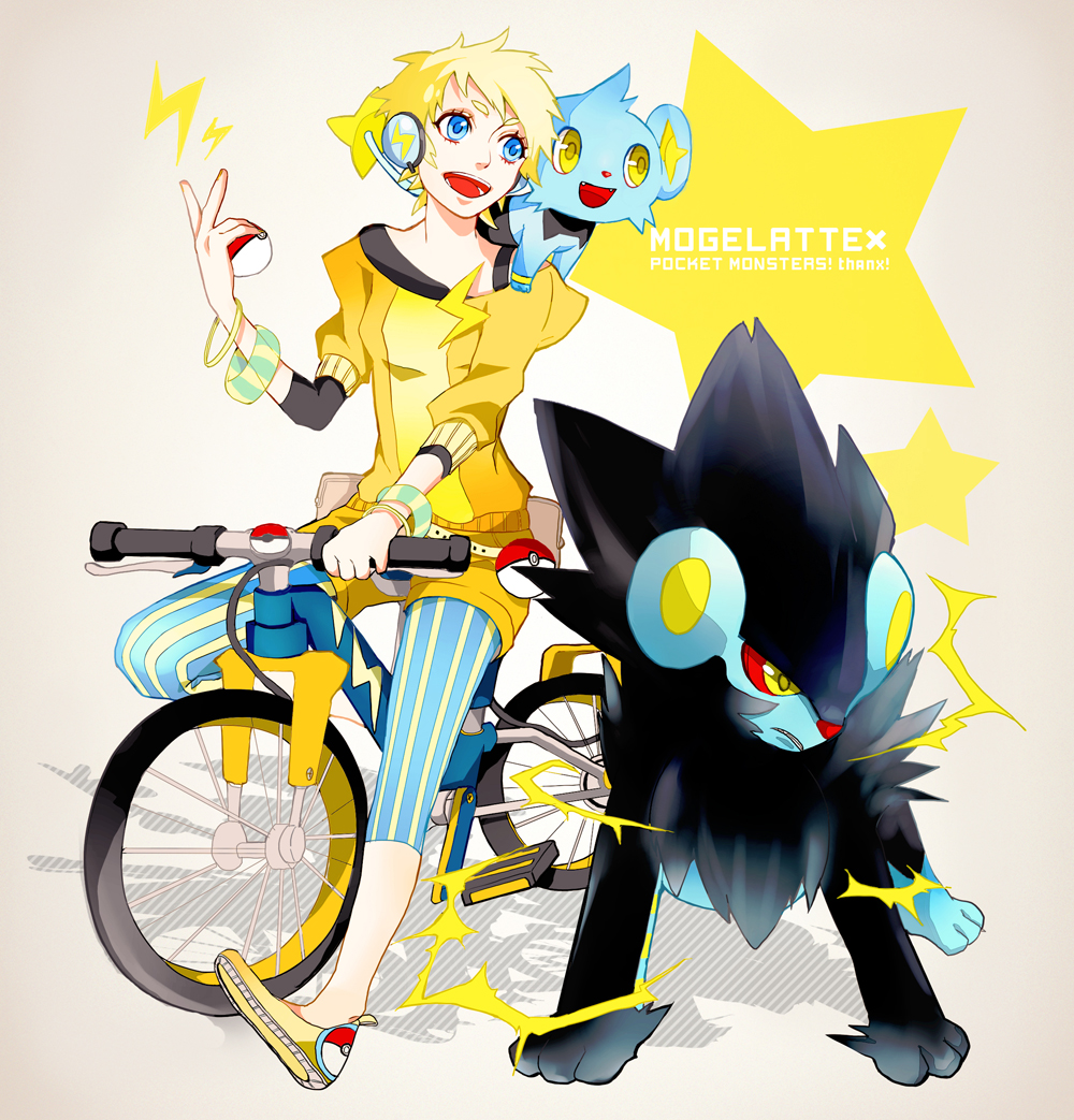 1boy, bicycle, blonde_hair, blue_eyes, character_request, electricity, luxray, mollo