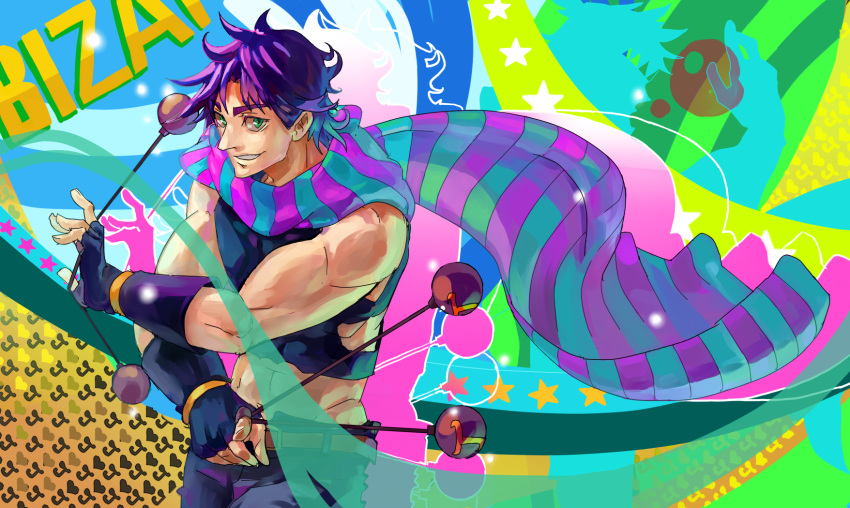 2boys, ball, blonde_hair, caesar_anthonio_zeppeli, colorful, fingerless_gloves, gloves, hakkyotyui
