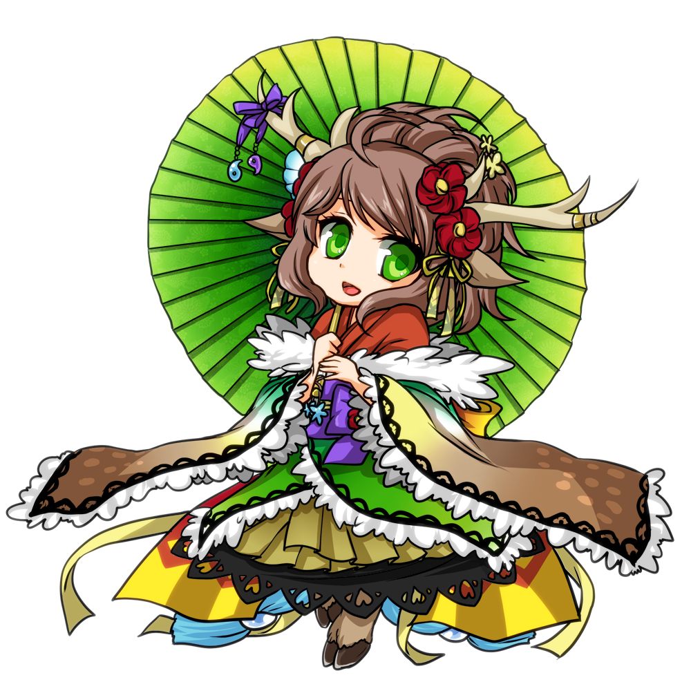 1girl, :d, animal_ears, antlers, brown_hair, dress, flower, frills