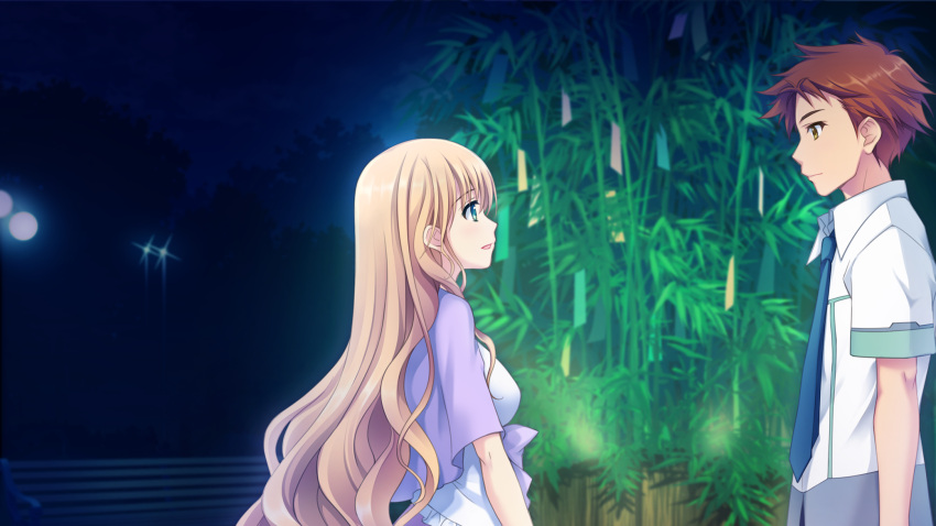 aqua_eyes, astraythem, bamboo, blonde_hair, dress, game_cg, ginta, highres