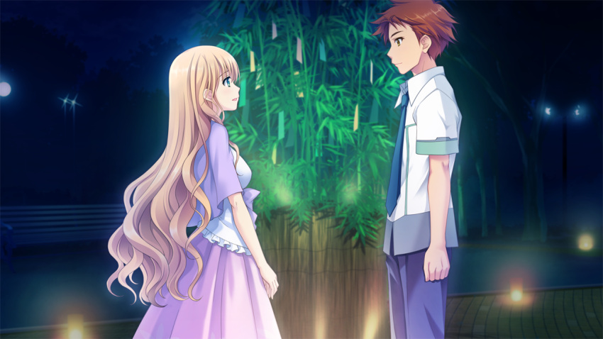aqua_eyes, astraythem, bamboo, blonde_hair, dress, game_cg, ginta, long_hair