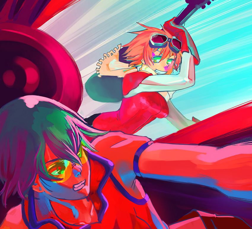 2girls, colorful, crossover, flcl, goggles, guitar, haruhara_haruko, highres, instrument, motor_vehicle, multiple_girls, pink_hair, racecar, redline, scarf, short_hair, smile, sonoshee_mclaren, speed_lines, tiagoom, vehicle