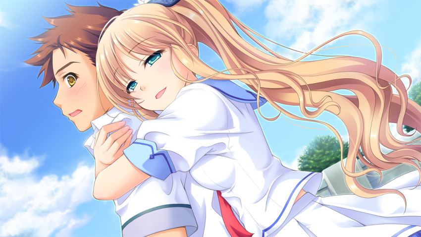 1girl, aqua_eyes, astraythem, blonde_hair, blush, cloud, clouds, game_cg, ginta, hug, hug_from_behind, long_hair, open_mouth, ponytail, sakurazuka_natsuki, sakurazuka_tsukumo, school_uniform, sky, smile, young