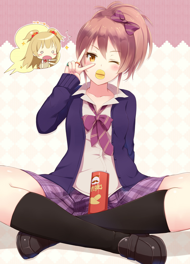 /\/\/\, 2girls, :o, black_legwear, blush, blush_stickers, bow, brown_hair