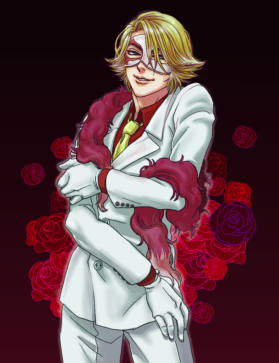 1boy, 74-gou_(73-gou), arbitro, blue_eyes, feather_boa, flower, formal, gloves, mask, necktie, red_eyes, red_rose, rose, solo, suit, togainu_no_chi