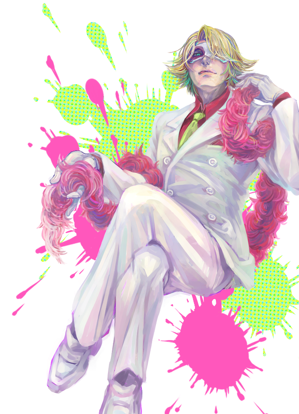 1boy, 74-gou_(73-gou), arbitro, blue_eyes, crossed_legs, feather_boa, formal, legs_crossed, mask, necktie, sitting, solo, suit, togainu_no_chi