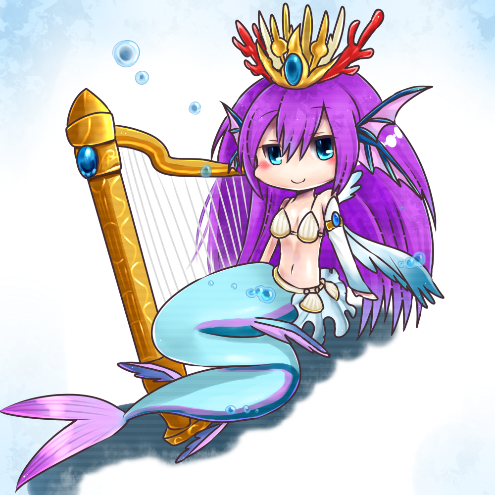 bikini_top, blue_eyes, blush, bubble, chibi, crown, harp, head_fins
