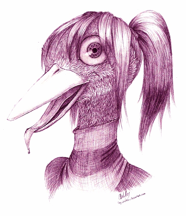 1girl, beak, bird, lio-garakuta, ponytail, realistic, signature, simple_background, solo, tongue, toriningen, turtleneck, yume_nikki