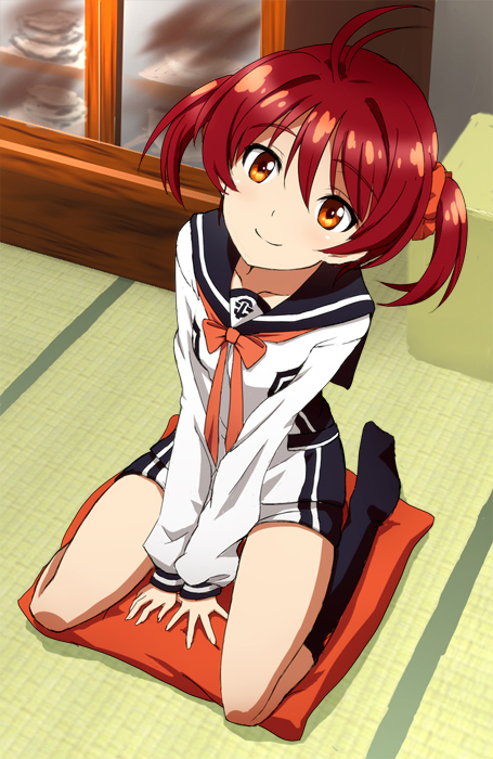 brown_eyes, brown_hair, cushion, isshiki_akane, kneehighs, no_shoes, norepan_sansei, short_hair, short_shorts, shorts, sitting, smile, solo, twintails, vividred_operation