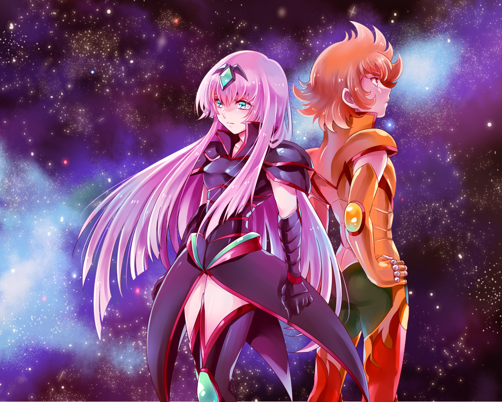 1boy, 1girl, armor, female, hornet_sonia, lionet_soma, male, orange_hair, purple_hair, saint_seiya, saint_seiya_omega, wimps1567