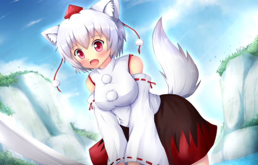 1girl, :o, animal_ears, bare_shoulders, blush, clouds, detached_sleeves, female
