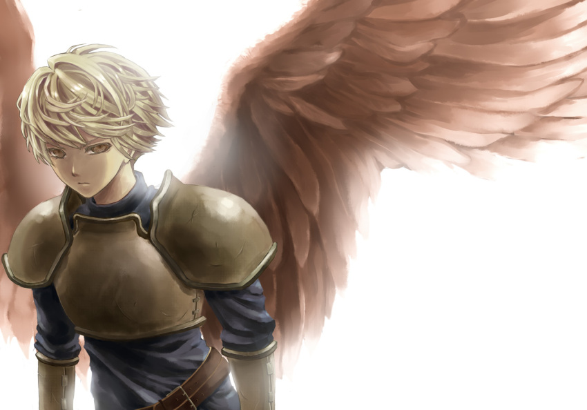 1boy, armor, backlighting, belt, blonde_hair, buckle, expressionless, feathered_wings