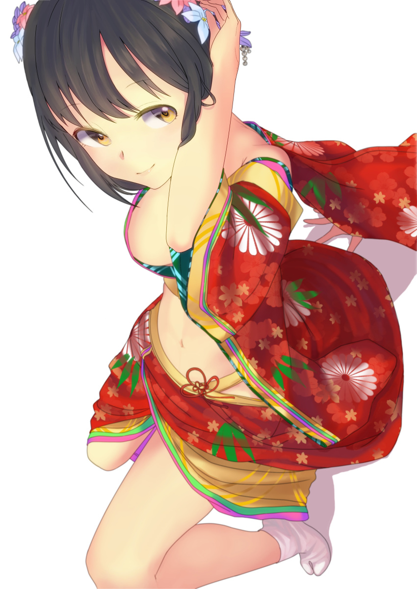 1girl, absurdres, arm_support, black_hair, ed69, floral_print, flower, hair_flower