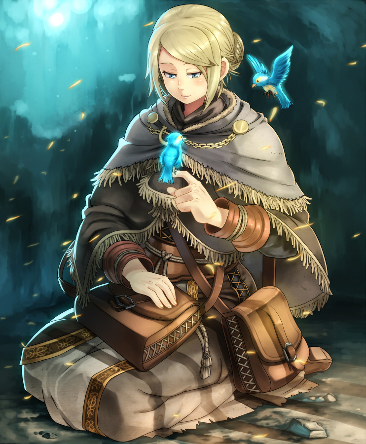 1girl, anastacia_of_astora, bag, bird, blonde_hair, blue_eyes, cloak, dark_souls