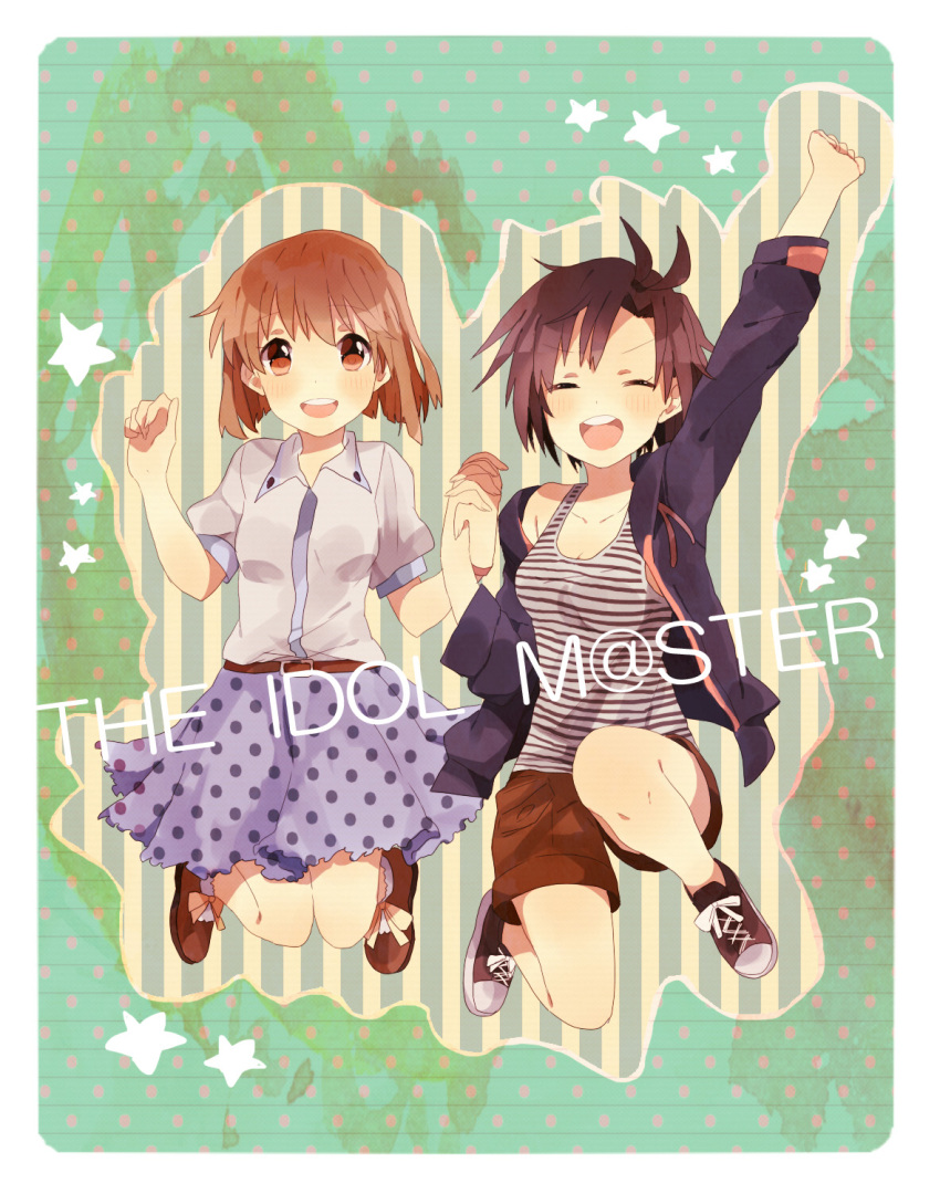 ^_^, arm_up, black_hair, brown_eyes, closed_eyes, hagiwara_yukiho, highres, holding_hands