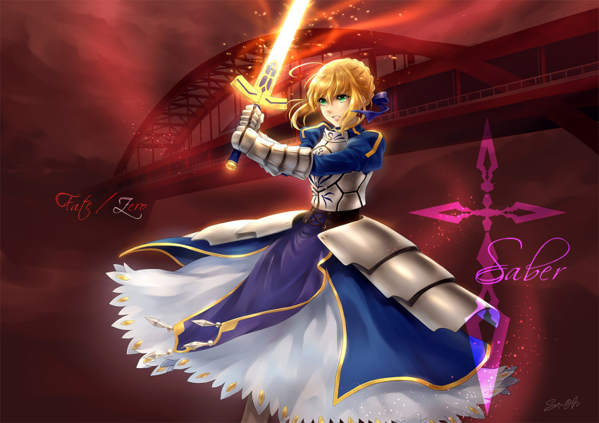1girl, ahoge, armor, armored_dress, blonde_hair, bridge, command_spell, dress