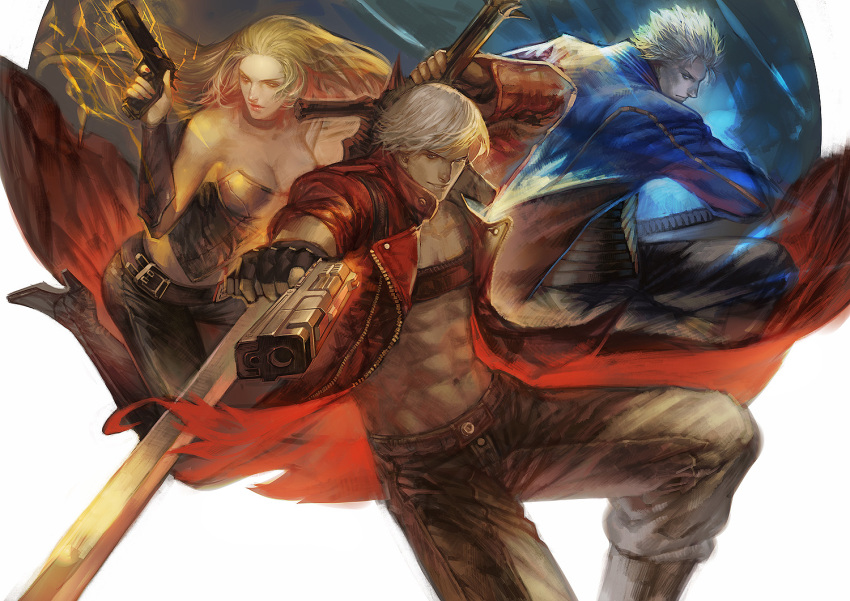 1girl, 2boys, abs, blonde_hair, breasts, capcom, cleavage, dante