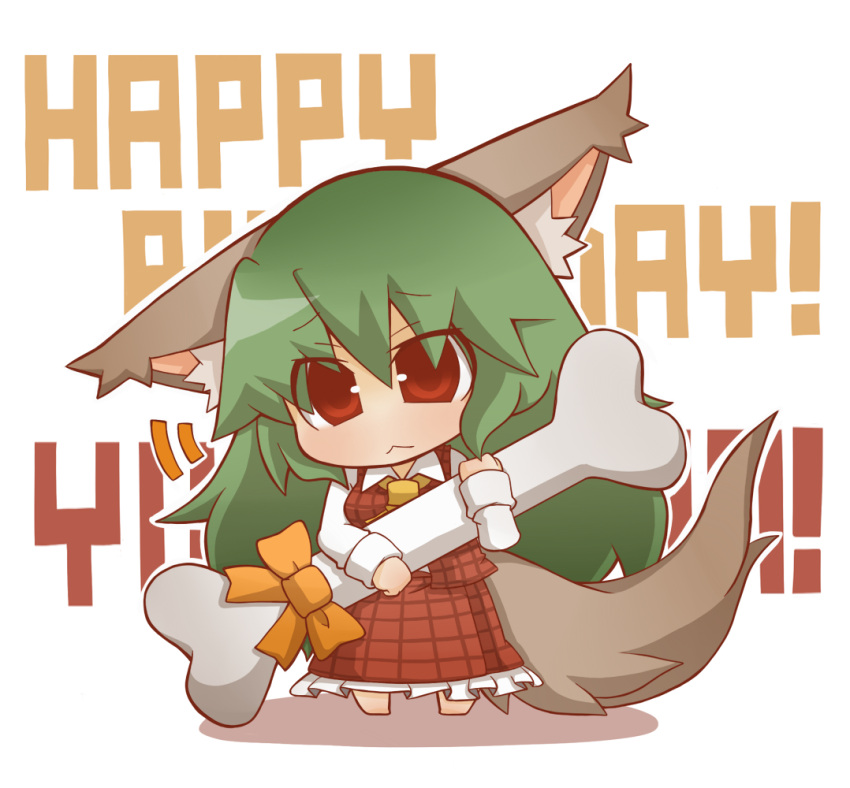 :<, animal_ears, ascot, bone, bow, chibi, dog_ears, green_hair
