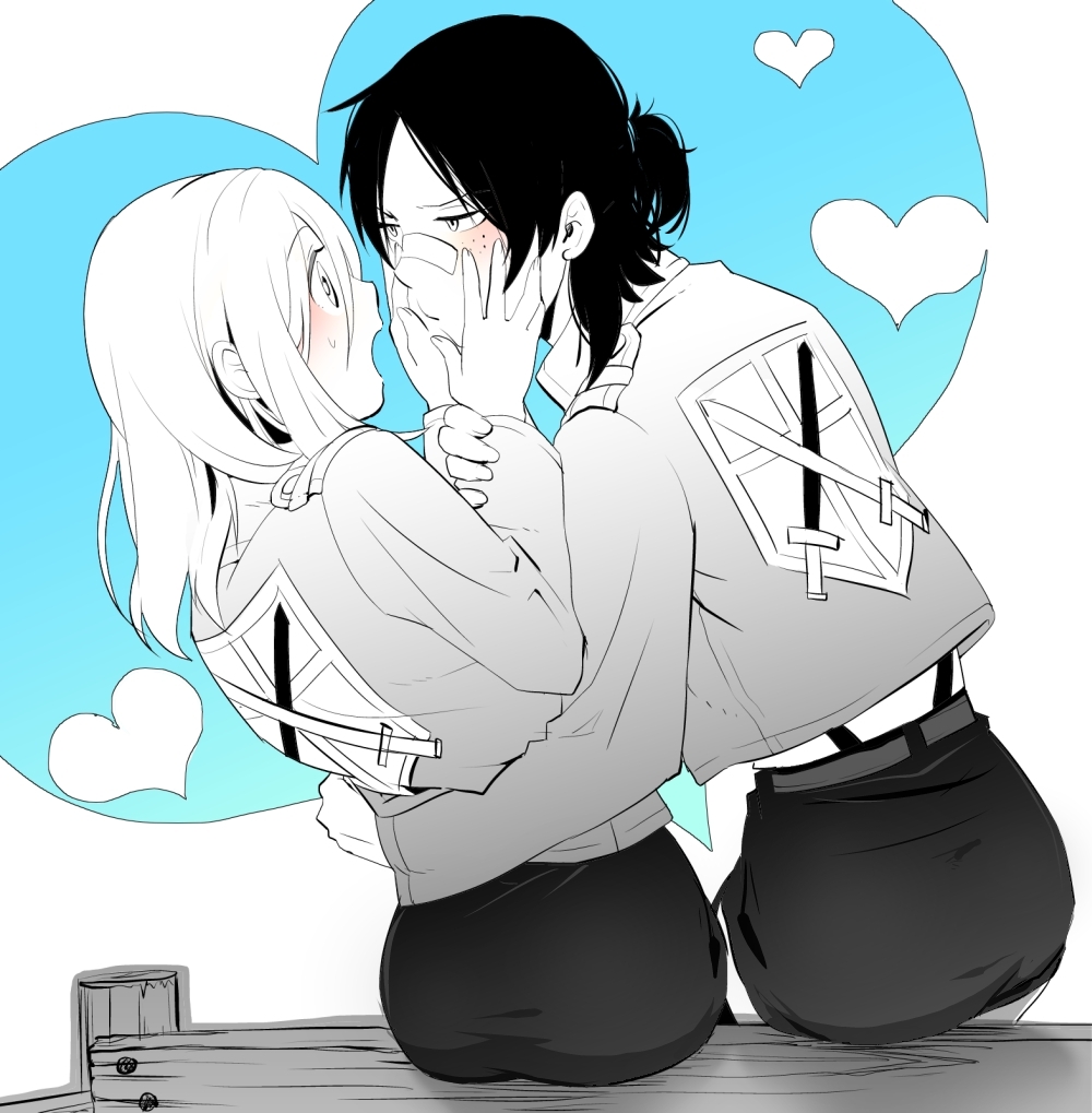 2girls, black_hair, blush, buriki_neko, christa_renz, freckles, heart, incipient_kiss