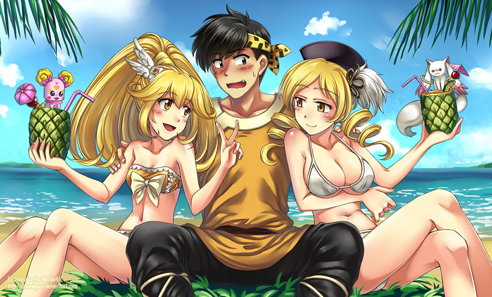 1boy, 2girls, arseniquez, bandeau, beach, bikini, black_hair, blonde_hair, blue_eyes, blush, breasts, candy_(smile_precure!), chinese_clothes, cleavage, cloud, clouds, crossed_legs, crossover, cure_peace, drill_hair, drink, drunk, food, fruit, hat, headband, hibiki_ryouga, kise_yayoi, kyubey, large_breasts, legs_crossed, long_hair, magical_girl, mahou_shoujo_madoka_magica, multiple_girls, navel, ocean, open_mouth, palm_tree, pants, pineapple, ponytail, precure, ranma_1/2, short_hair, side-tie_bikini, sitting, sky, smile, smile_precure!, strap_gap, sweatdrop, swimsuit, tangzhuang, tiara, tomoe_mami, tree, twin_drills, twintails, v, wrist_cuffs, yellow_eyes
