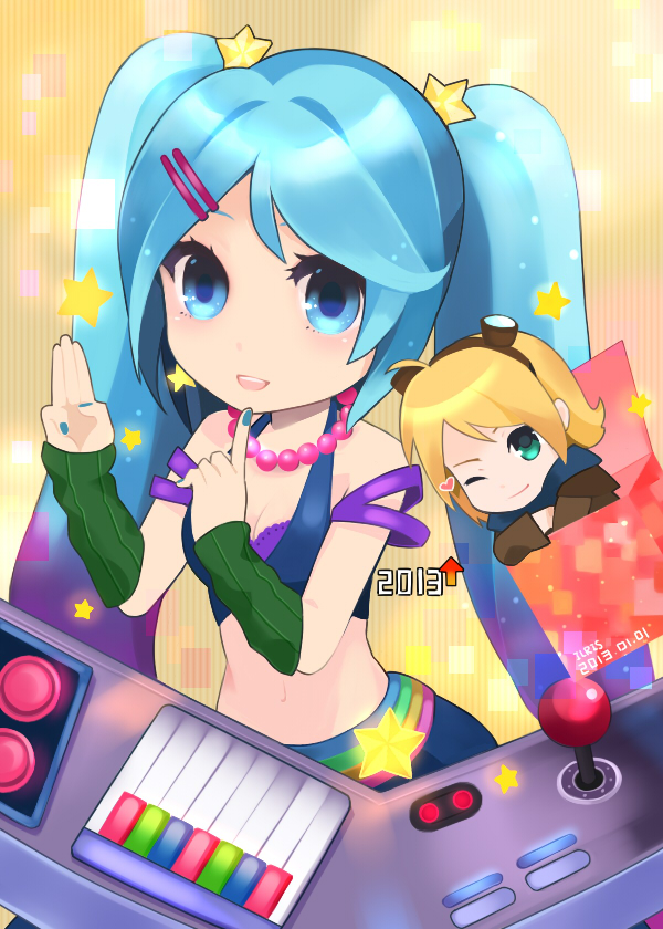 1boy, 1girl, 2013, alternate_costume, blonde_hair, blue_eyes, blue_hair, breasts