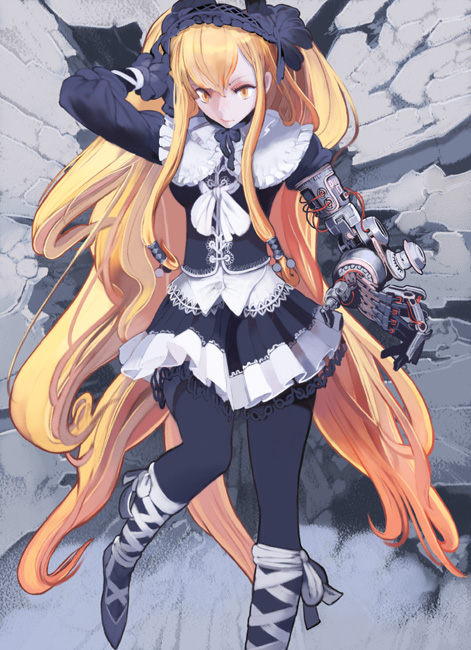 blonde_hair, cyborg, dress, frills, headband, hirooka_masaki, long_hair, robot_arm