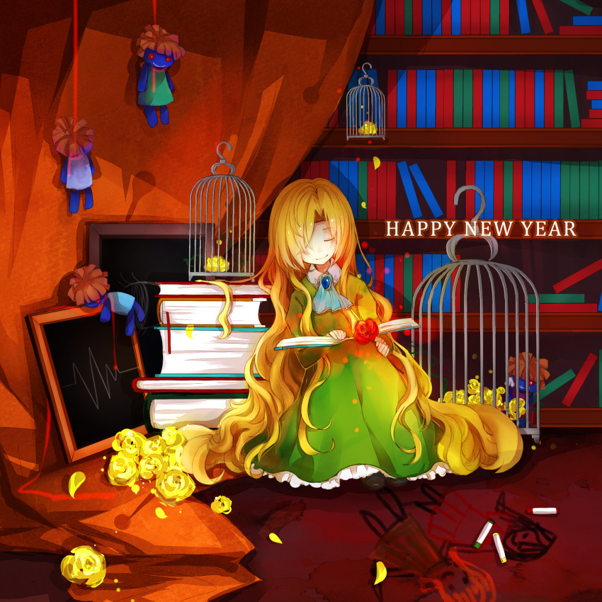 birdcage, blonde_hair, book, bookshelf, brooch, cage, crayon, doll