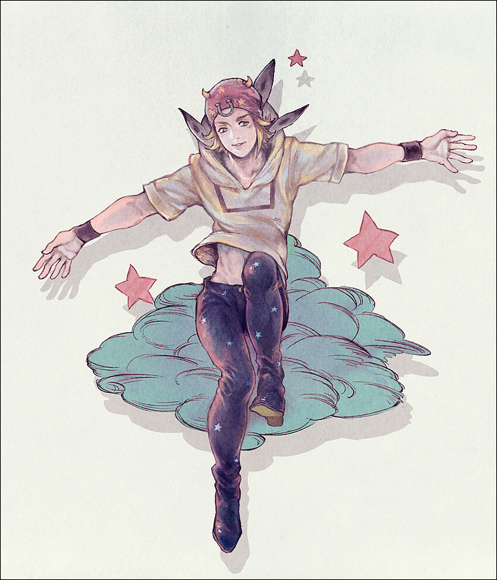 1boy, beanie, blonde_hair, cloud, clouds, hat, horseshoe, johnny_joestar