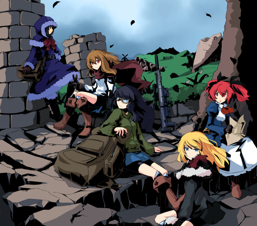 5girls, backpack, bag, bike_shorts, black_hair, blonde_hair, blue_eyes, boots