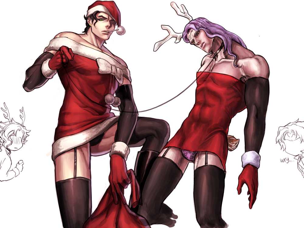 2boys, antlers, black_hair, black_legwear, chibi_inset, crossdressinging, dio_brando, dress, garter_straps, gloves, green_eyes, hat, jojo_no_kimyou_na_bouken, kakyouin_noriaki, long_hair, multiple_boys, pointing, purple_hair, sack, santa_costume, santa_hat, thigh-highs, thighhighs, vanilla_ice, xenoc