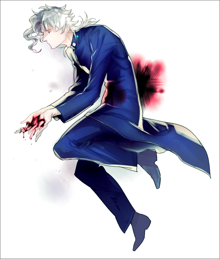1boy, blood, gakuran, jojo_no_kimyou_na_bouken, kakyouin_noriaki, palette_swap, school_uniform, silver_hair