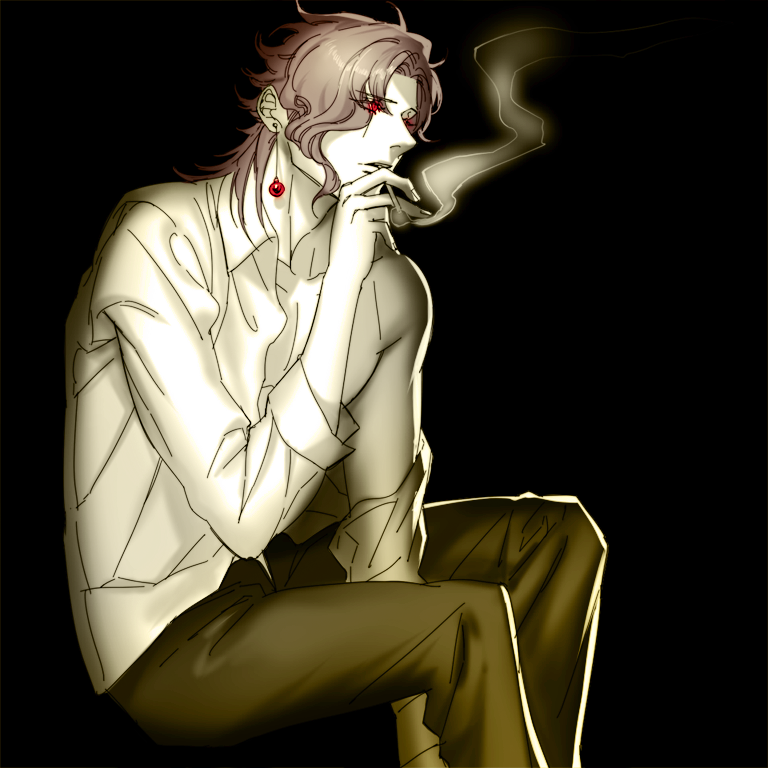 1boy, cigarette, earrings, glowing, glowing_eyes, jewelry, jojo_no_kimyou_na_bouken, kakyouin_noriaki, pink_hair, red_eyes, red_hair, redhead, scar, smoking, solo, xenoc