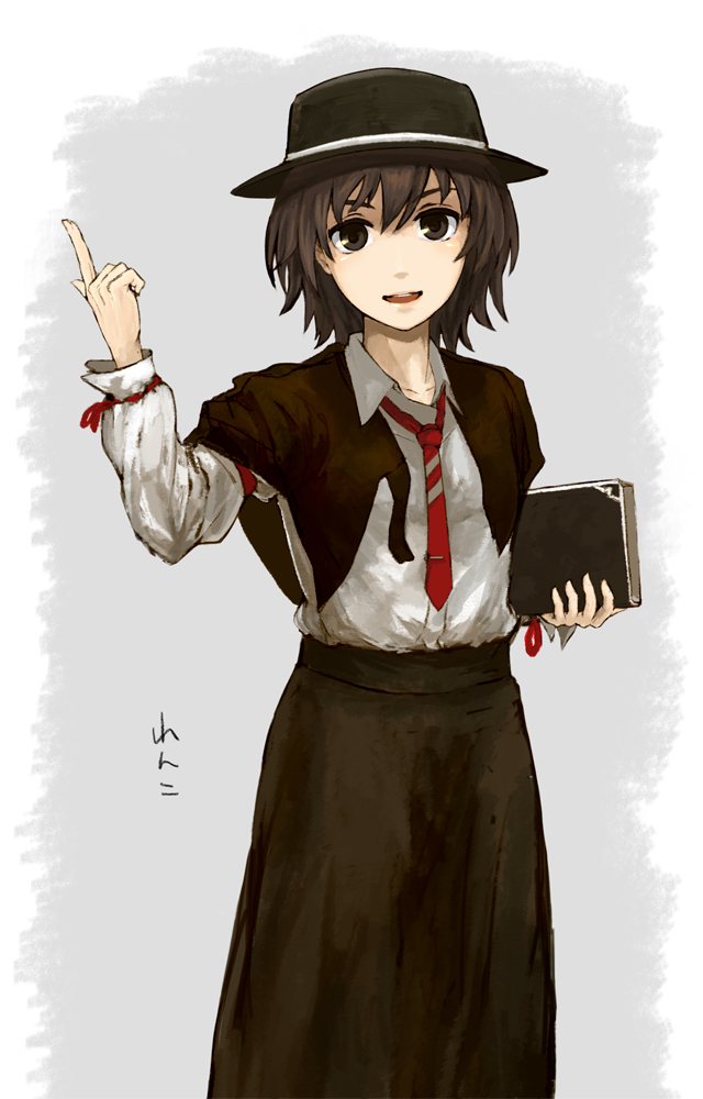 1girl, armband, beato2528, book, brown_eyes, brown_hair, capelet, dress_shirt, grey_background, hat, long_sleeves, looking_at_viewer, necktie, parted_lips, raised_finger, shirt, short_hair, skirt, solo, touhou, usami_renko