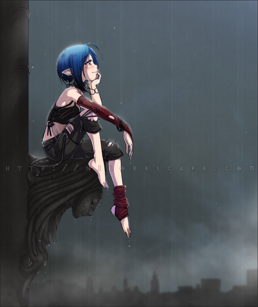 1girl, ahoge, barefoot, blue_hair, blush, bridal_gauntlets, capri_pants, elf, gargoyle, headphones, nicole_dubois, original, pointy_ears, rain, red_eyes, short_hair, single_elbow_glove, single_glove, single_sock, smile, socks, solo, toeless_socks, torn_clothes, torn_pants, watermark, web_address