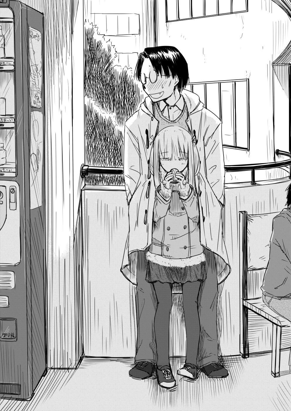 1boy, 1girl, blush, coat, eating, embarrassed, fang, genshiken, glasses, gloves, highres, long_hair, madarame_harunobu, otaku, otaple, short_hair, size_difference, skirt, susanna_hopkins, sweatdrop, zon_nura