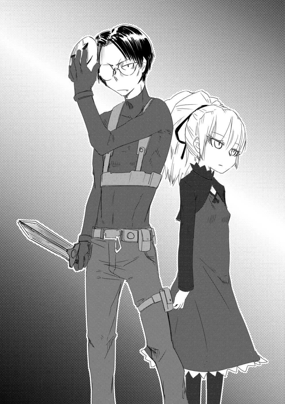 1boy, 1girl, blade, cosplay, dagger, darker_than_black, dress, fang