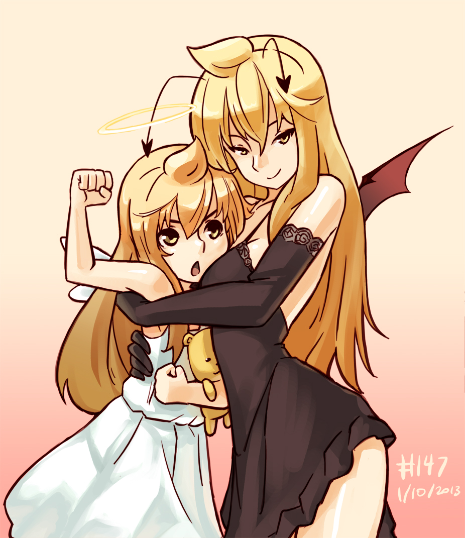 2girls, :<, adult, ahoge, angel, angel_wings, antenna, antennae