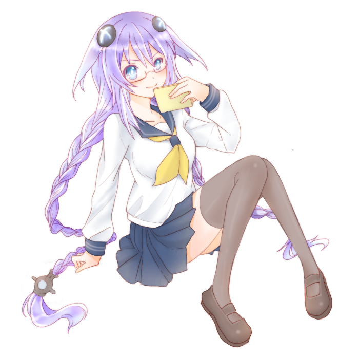 1girl, alternate_costume, bespectacled, blue_eyes, blush, braid, choujigen_game_neptune, collarbone