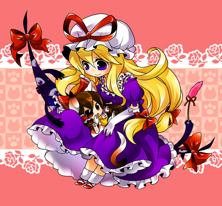2girls, animal_ears, blonde_hair, bow, brown_eyes, brown_hair, cat_ears, cat_teaser