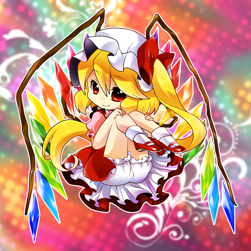 1girl, blonde_hair, bloomers, chibi, fang, flandre_scarlet, hat, knees_on_chest