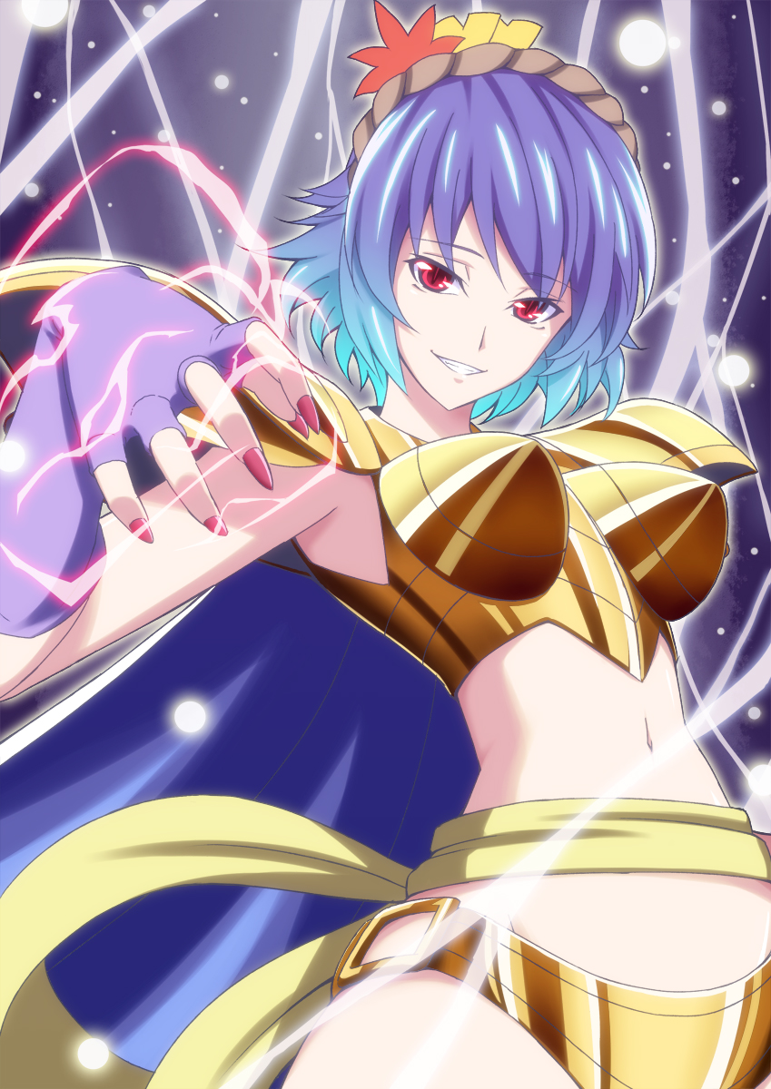 1girl, aqua_hair, armor, blue_hair, cosplay, gradient_hair, grin, h-new