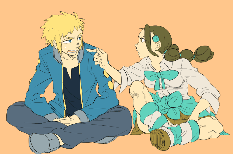 1boy, 1girl, arguing, black_hair, blonde_hair, blue_hair, braid, denji_(pokemon)