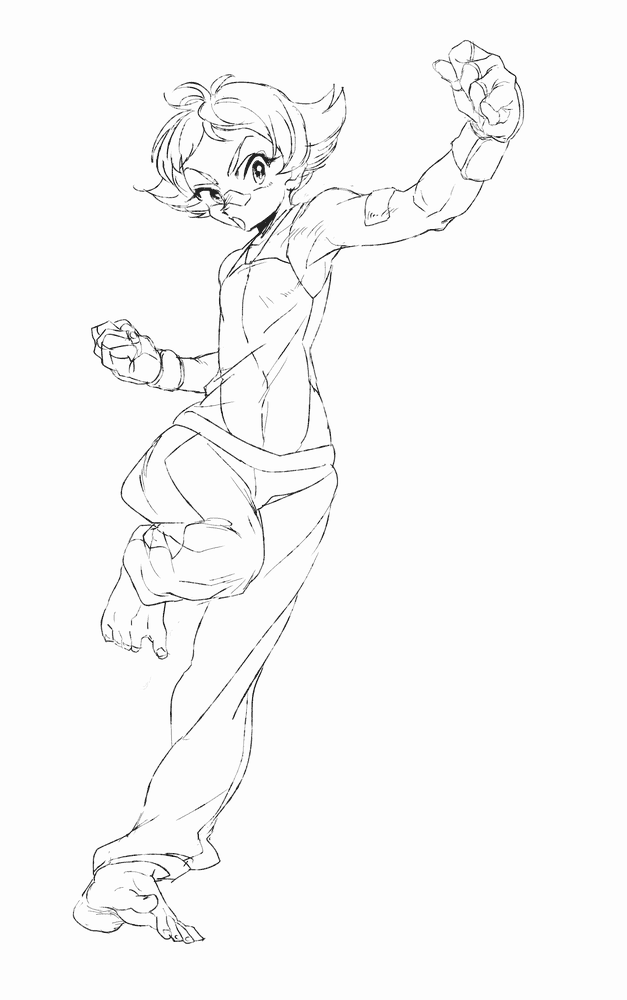 1girl, bandaid, barefoot, fighting_stance, fingerless_gloves, gloves, gym_leader, hikiya