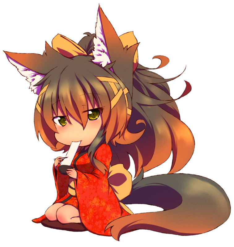 1girl, animal_ears, bowl, chibi, chopsticks, eating, food, gradient_hair