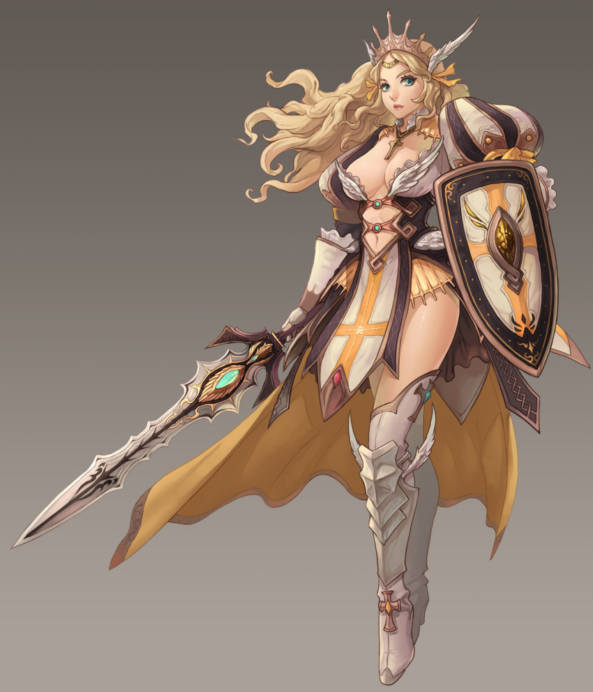 1girl, blonde_hair, boots, breasts, cleavage, full_body, highres, jay27