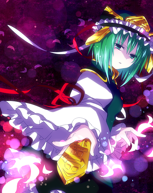1girl, bob_cut, dress, frown, green_eyes, green_hair, hat, petals, rod_of_remorse, shikieiki_yamaxanadu, short_hair, solo, suisyounohosizora, touhou