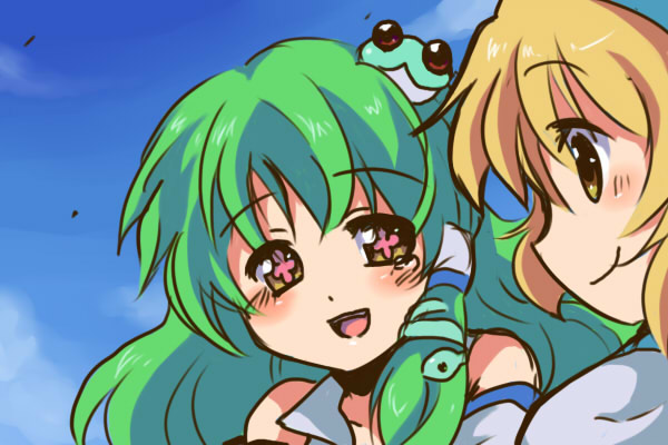 alice_margatroid, alice_margatroid_(pc-98), aoi_tobira, face, green_hair, kochiya_sanae, parody, smile, tengen_toppa_gurren_lagann, touhou, touhou_(pc-98)
