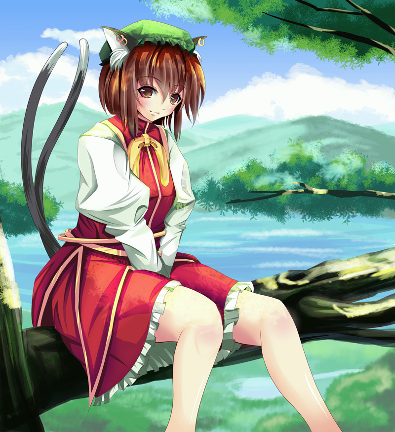 1girl, animal_ears, azusayumi_meme, between_legs, brown_eyes, brown_hair, cat_ears, cat_tail