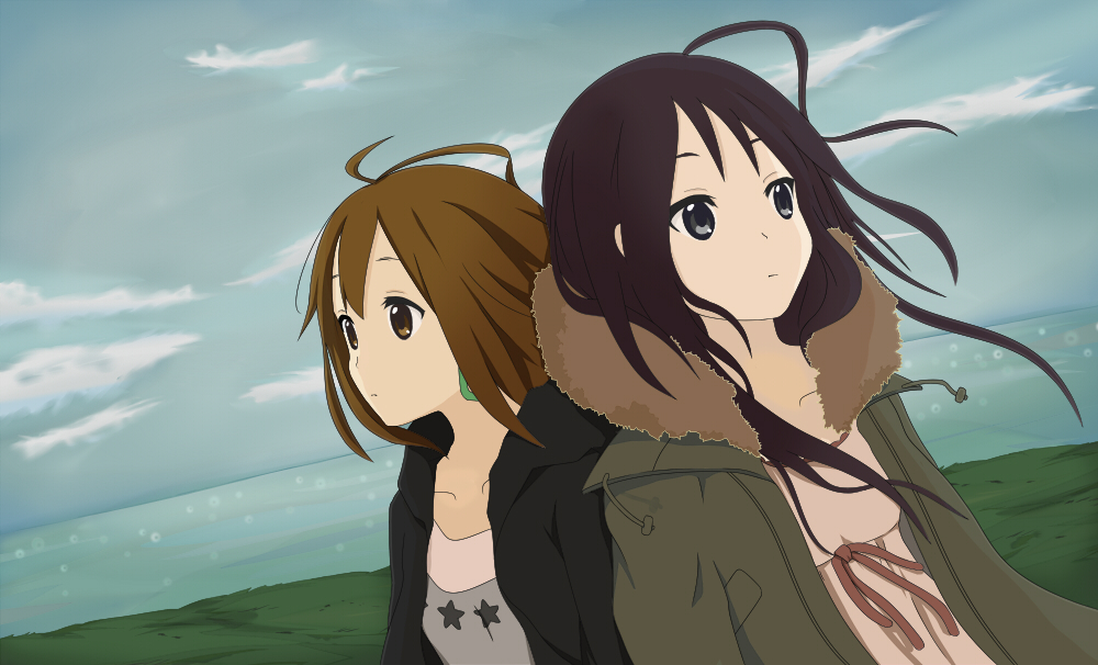 2girls, akiyama_mio, back, black_eyes, black_hair, blush, brown_eyes, brown_hair