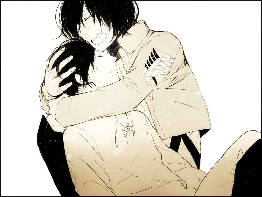 1boy, 1girl, black_hair, closed_eyes, eren_jaeger, eyes_closed, hug, jacket